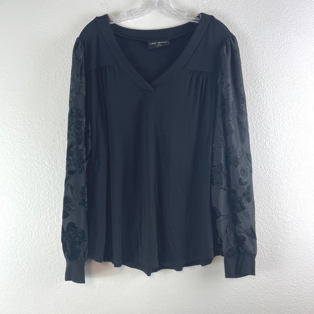 Lane Bryant Top 14/16 Black Mesh Floral Velvet Burnout Sleeve Romantic Goth